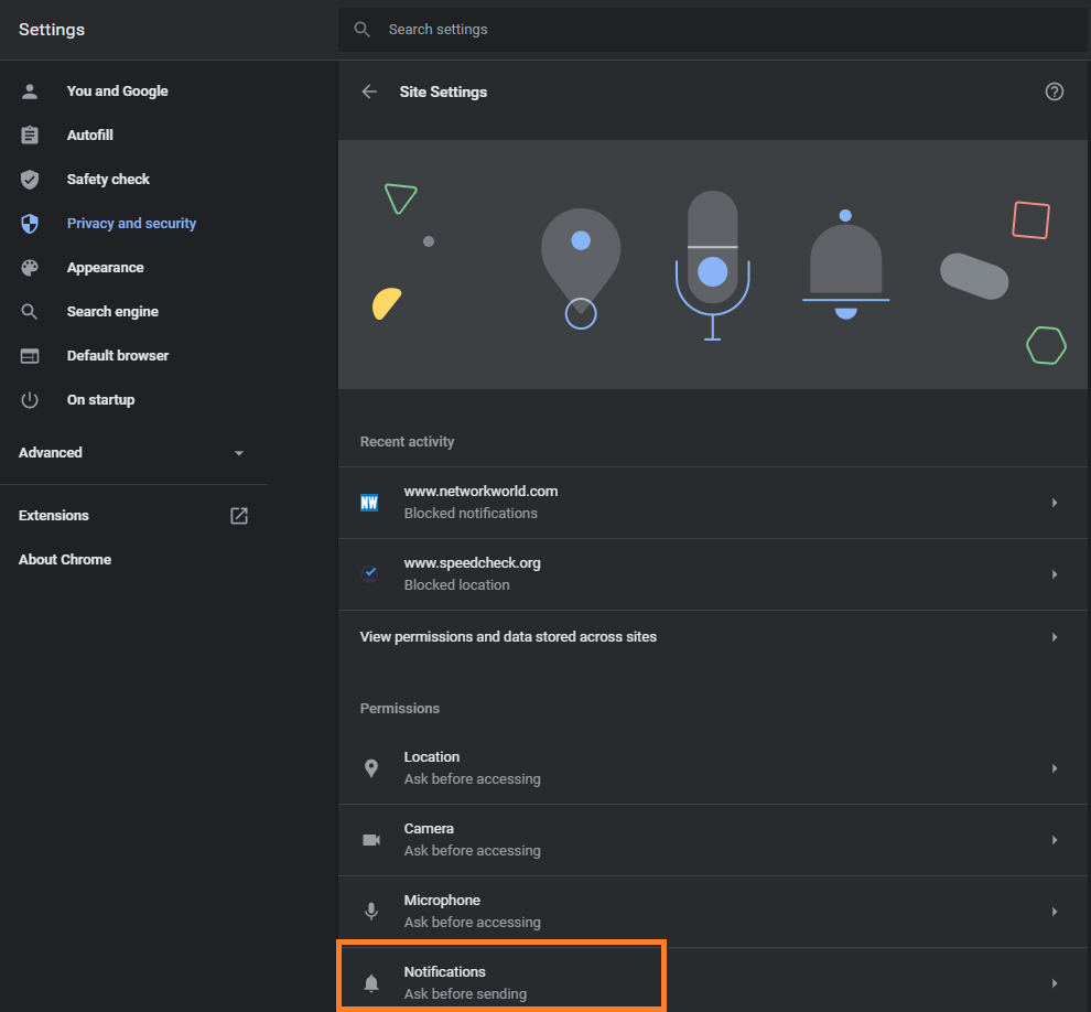 Chrome notifications settings - select Notifications