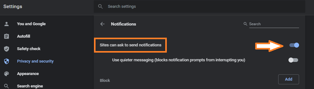 Chrome notifications settings - block sites from asking to send notifications
