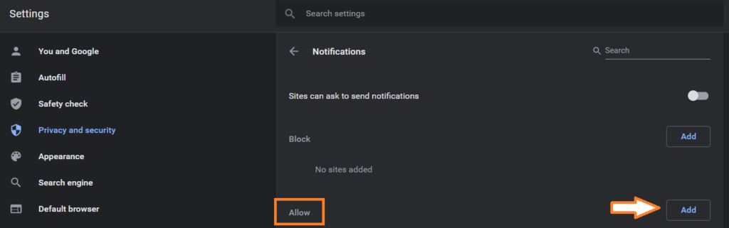 Chrome notifications settings - Allow List