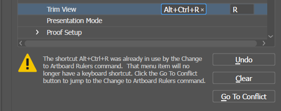 Adobe Illustrator custom Keyboard Shortcut Menu warning message. Shortcut already in use. 