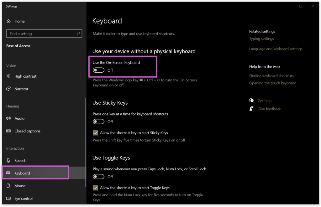 Windows - Ease of Access Keyboard Settings