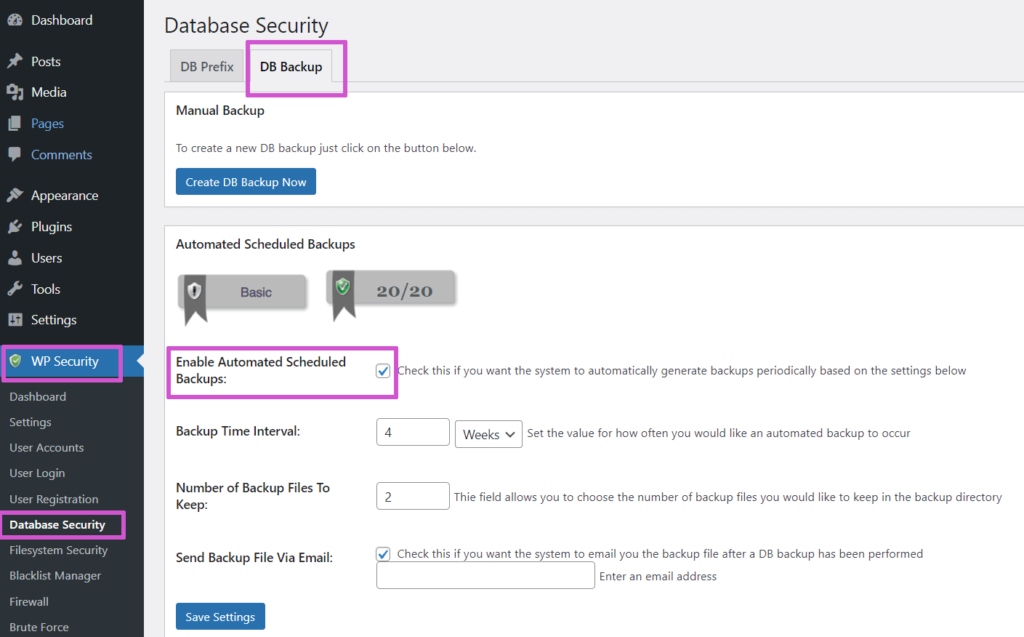 WordPress Security settings Screenshot
