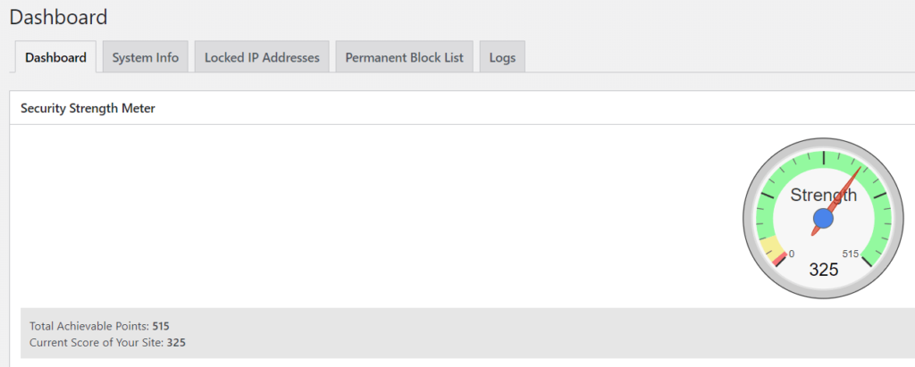 WP Security Dashboard score - 325