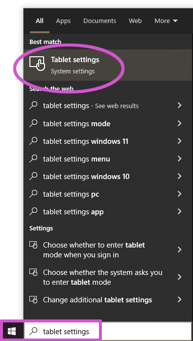 Windows Tablet Settings Search