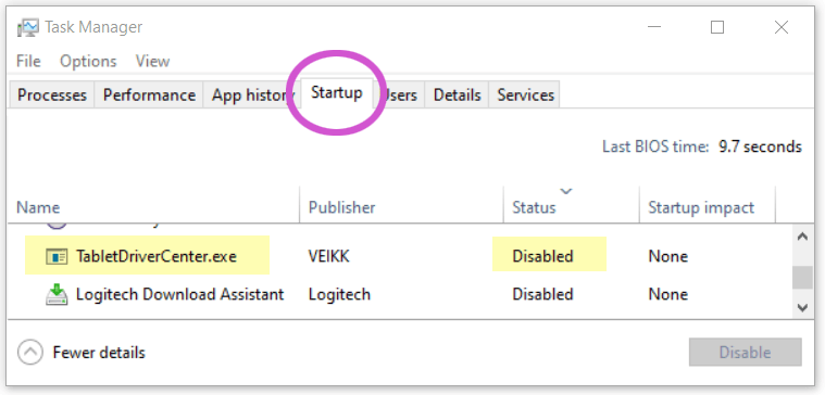 Windows Task Manger - Disable Tablet Startup