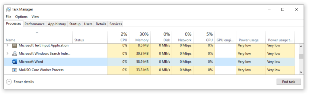 Task Manager - Microsoft Word background process