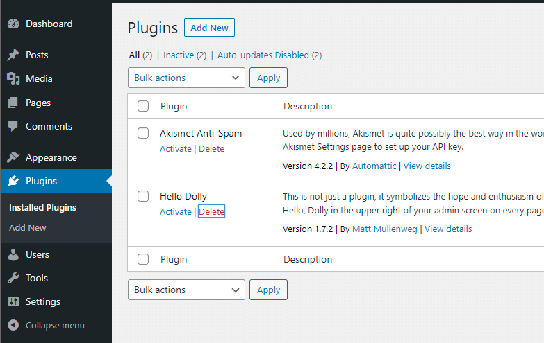WordPress default plugins