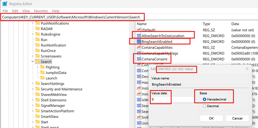 Windows 11 Registry Editor, turn off online results in Windows Search